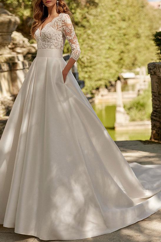 Lace Wedding Dresses with A-Line V-Neck 3/4 Sleeves and Court Train