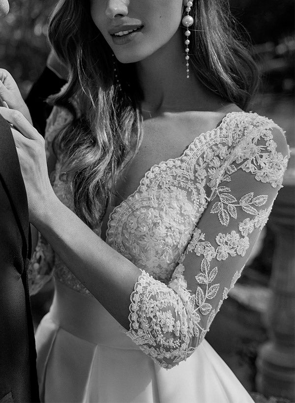 Dreamyannie Women Wedding Dress Lace Bridal Dress with A-Line V-Neck 3/4 Sleeves and Court Train Dreamyannie UK Dreamyannie Women Wedding Dress Lace Bridal Dress with A-Line V-Neck 3/4 Sleeves and Court Train Dreamyannie UK