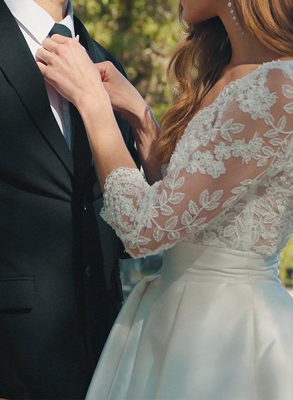 Lace Wedding Dresses with A-Line V-Neck 3/4 Sleeves and Court Train