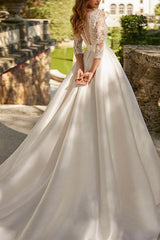 Lace Wedding Dresses with A-Line V-Neck 3/4 Sleeves and Court Train