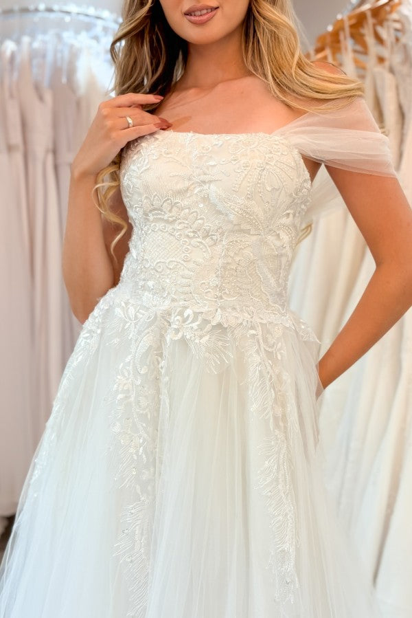 Lace and Tulle A Line Wedding Dress with Pockets and Off Shoulder Drape
