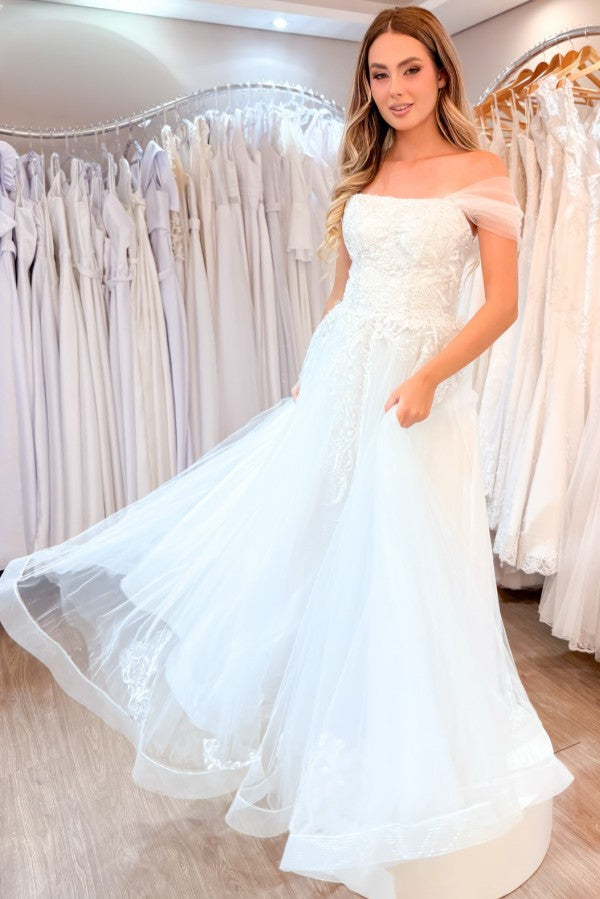 Lace and Tulle A Line Wedding Dress with Pockets and Off Shoulder Drape