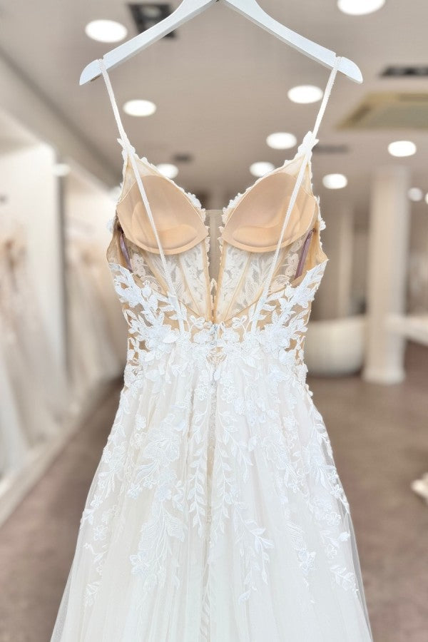 Lace and Tulle A Line Wedding Dress with Sheer Corset and Long Train