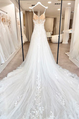 Lace and Tulle A Line Wedding Dress with Sheer Corset and Long Train