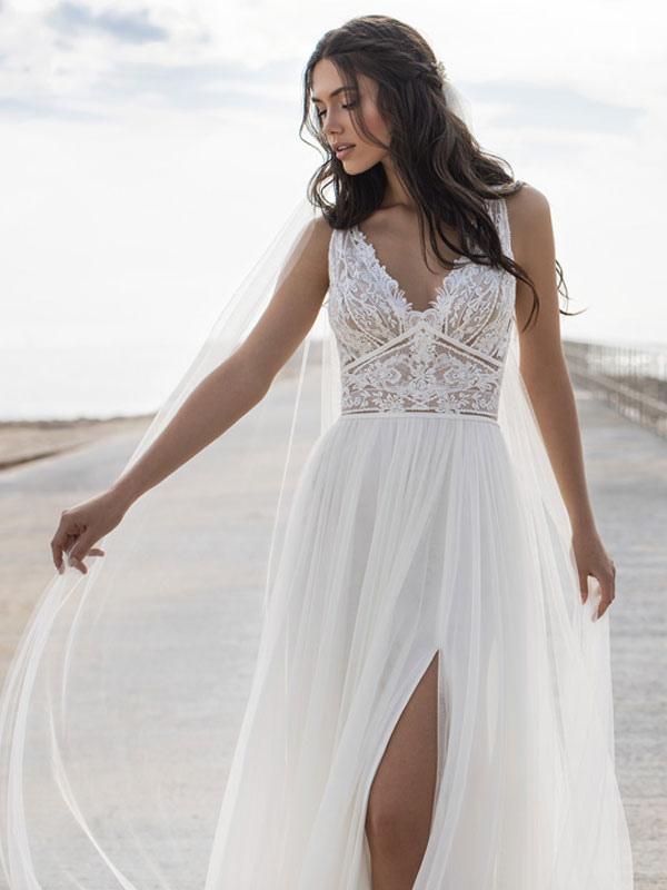 Lace and Tulle A Line Wedding Dress with V Neck and Side Slit