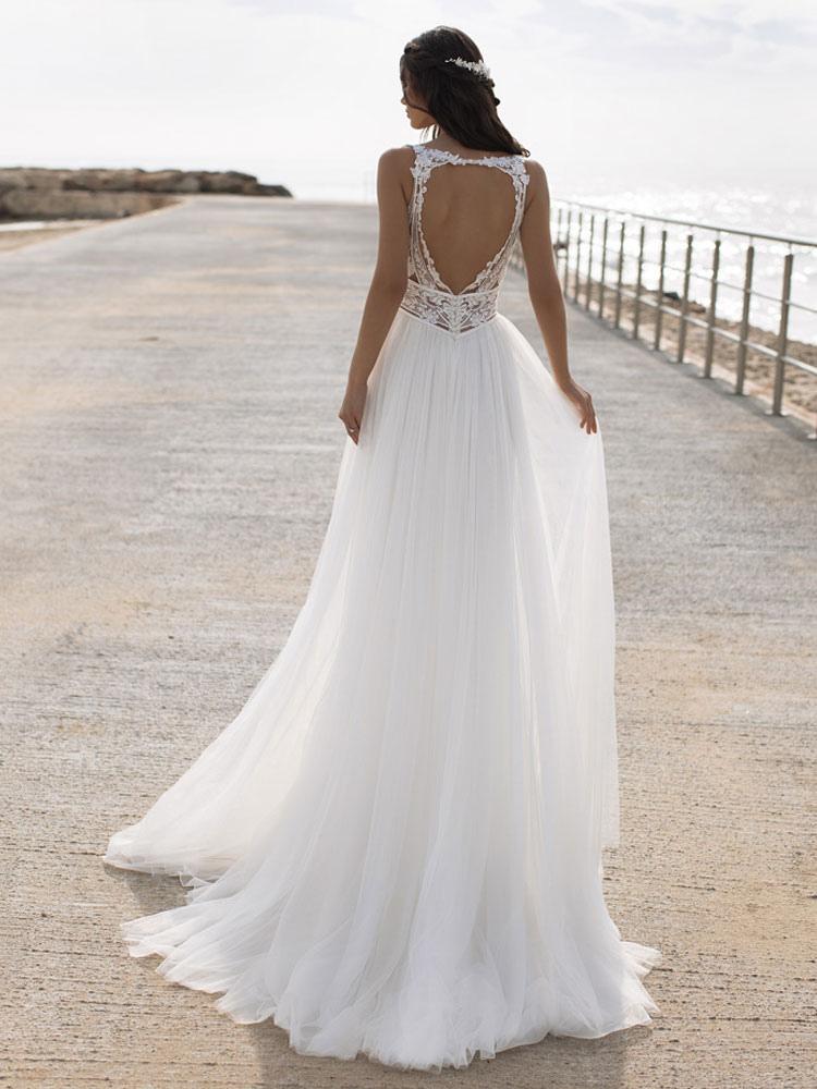 Lace and Tulle A Line Wedding Dress with V Neck and Side Slit