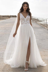 Lace and Tulle A Line Wedding Dress with V Neck and Side Slit