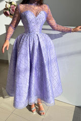 Lavender Glitter Tulle A Line Prom Dress with Illusion High Neck and Long Sleeves