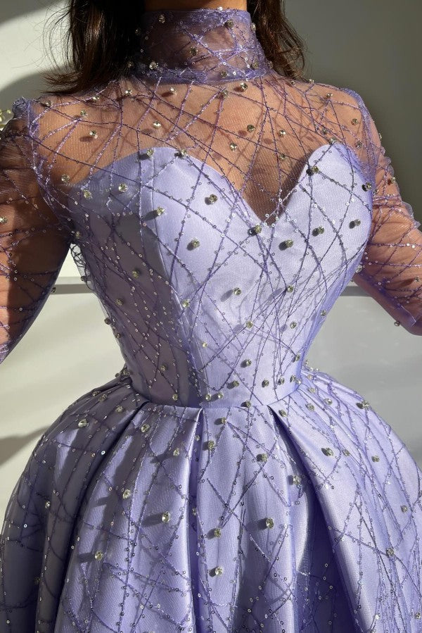 Lavender Glitter Tulle A Line Prom Dress with Illusion High Neck and Long Sleeves