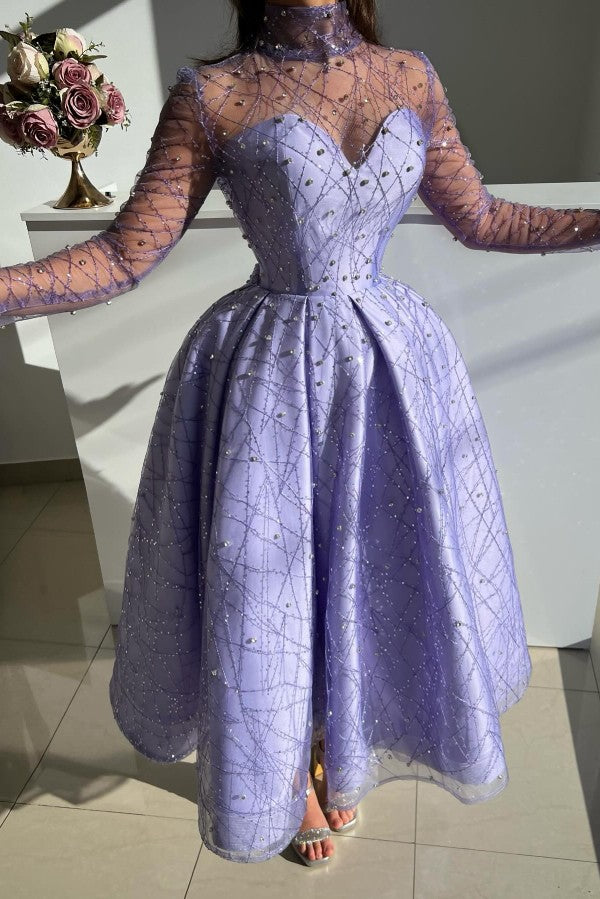 Lavender Glitter Tulle A Line Prom Dress with Illusion High Neck and Long Sleeves