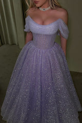 Lavender Glitter Tulle A Line Prom Dress with Sheer Corset Bodice