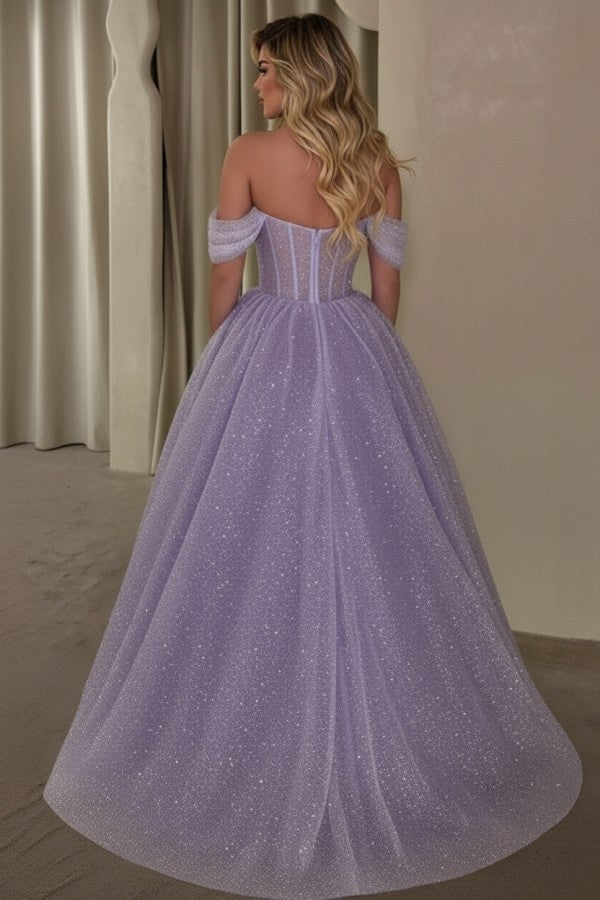 Lavender Glitter Tulle A Line Prom Dress with Sheer Corset Bodice