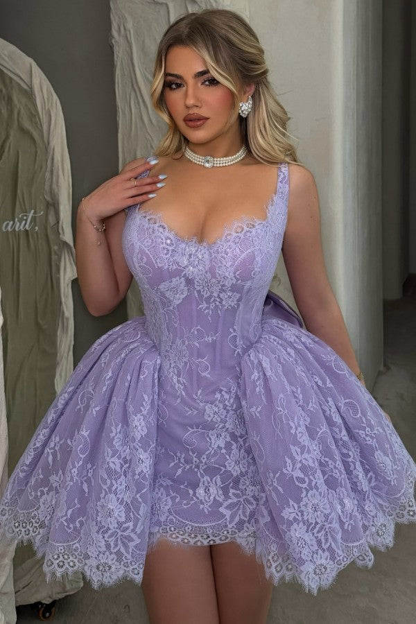 Lavender Lace A Line Homecoming Dress with Bow and Corset Bodice
