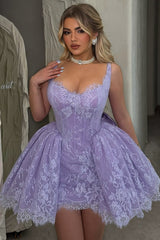 Lavender Lace A Line Homecoming Dress with Bow and Corset Bodice