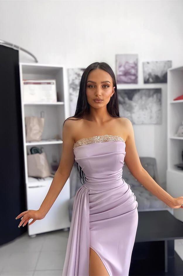 Lavender Off the Shoulder Sleeveless Evening Dress with Pleated Applique and Slit