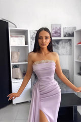 Lavender Off the Shoulder Sleeveless Evening Dress with Pleated Applique and Slit