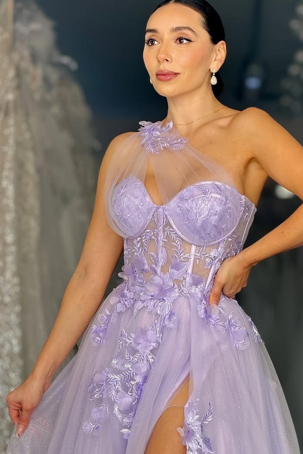 Lavender One-Shoulder Floral Appliques Tulle Prom Gown With High Slit Formal Evening Gown