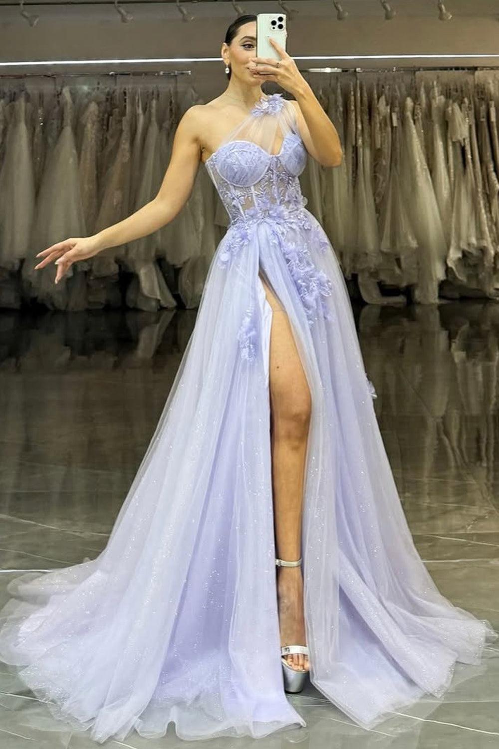 Lavender One-Shoulder Floral Appliques Tulle Prom Gown With High Slit Formal Evening Gown