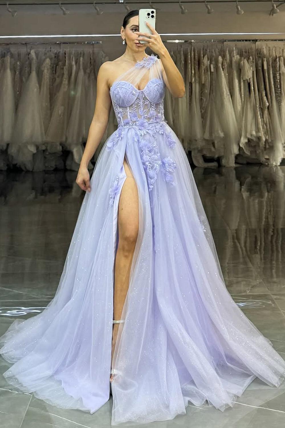 Lavender One-Shoulder Floral Appliques Tulle Prom Gown With High Slit Formal Evening Gown