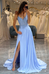Lavender Prom Dress A Line Backless Long Evening Dress With Embroidery