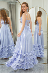 Lavender Prom Dress A Line Spaghetti Straps Tiered Long Corset Evening Dress With Slit