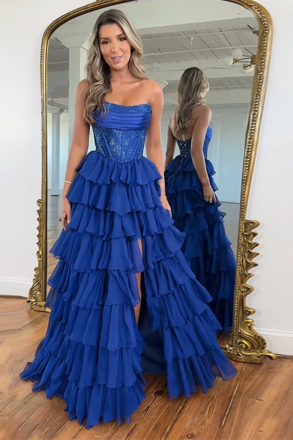 Lavender Prom Dress A Line Strapless Corset Long Chiffon Formal Dress With Slit