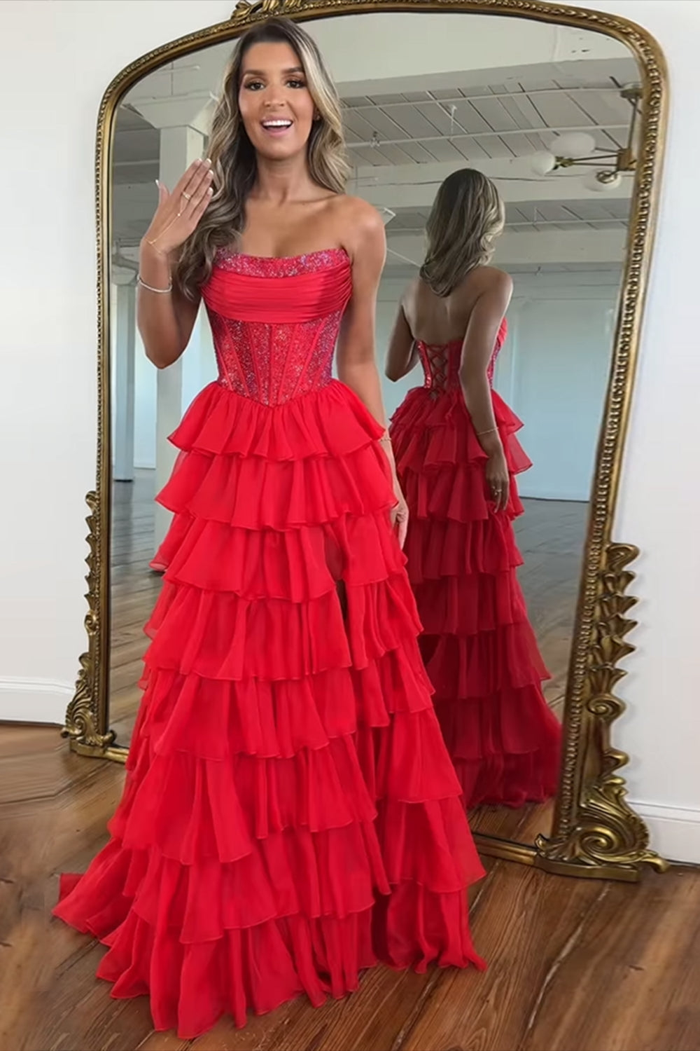 Lavender Prom Dress A Line Strapless Corset Long Chiffon Formal Dress With Slit