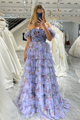 Lavender Prom Dress A Line Strapless Long Tiered Evening Dress With Feathers
