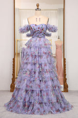 Lavender Prom Dress A Line Strapless Long Tiered Evening Dress With Feathers