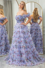 Lavender Prom Dress A Line Strapless Tiered Long Evening Dress With Feathers