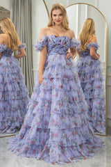 Lavender Prom Dress A Line Strapless Tiered Long Evening Dress With Feathers
