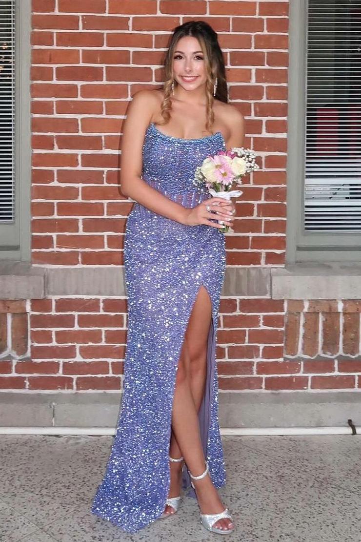 Lavender Prom Dress Mermaid Strapless Long Formal Dress With Slit