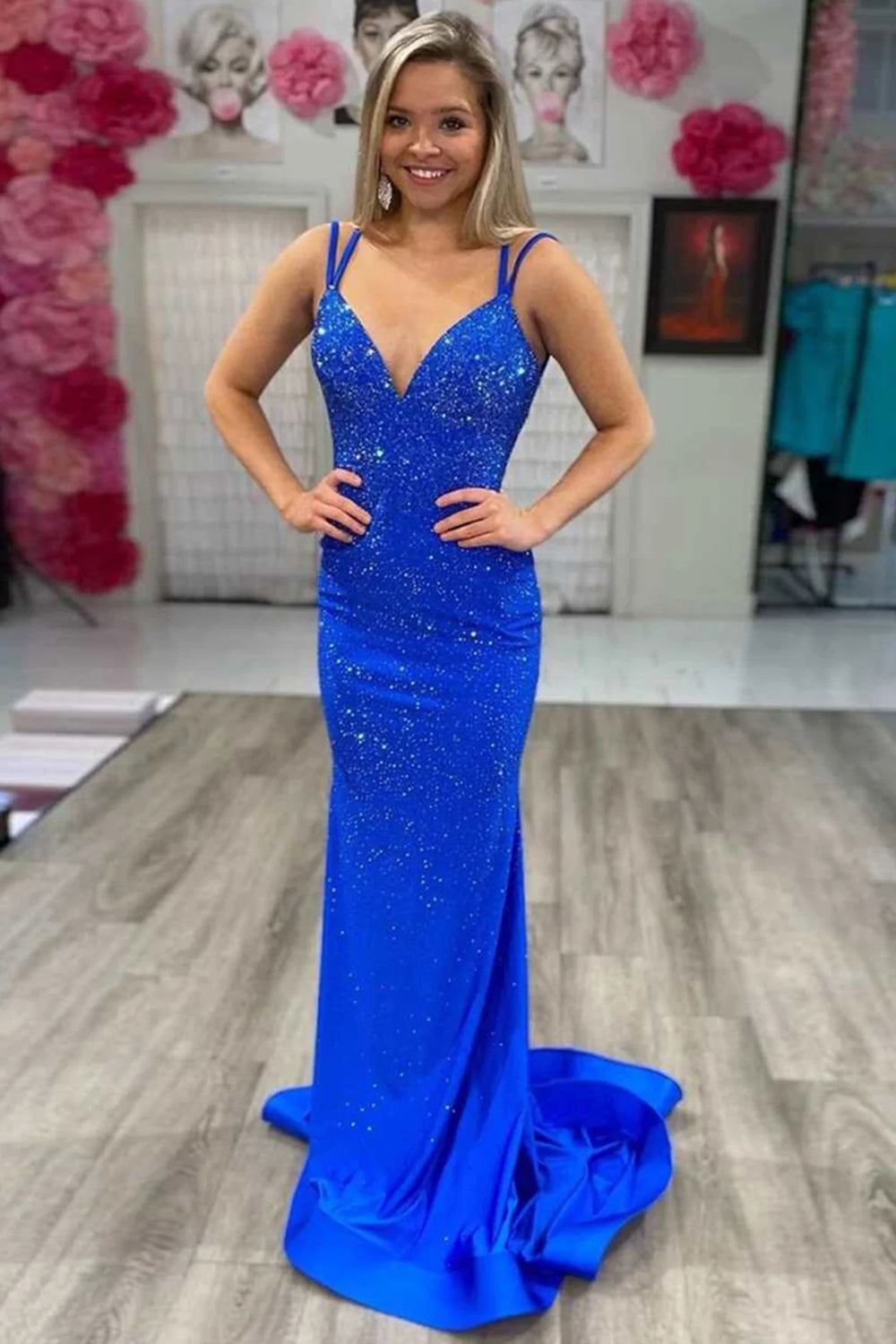 Lavender Prom Dress Rhinestone Spaghetti Straps Mermaid Evening Dress
