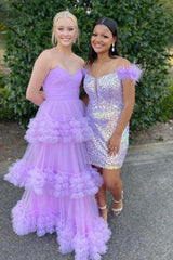 Lavender Prom Dress Ruffled Tulle Sweetheart Long Evening Dress