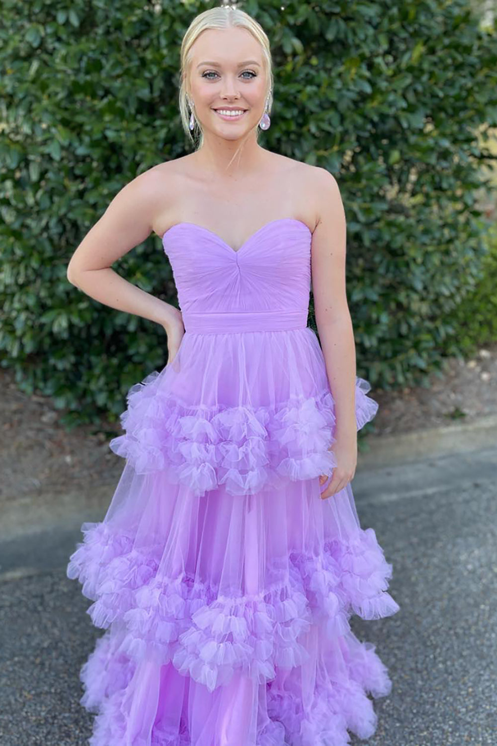 Lavender Prom Dress Ruffled Tulle Sweetheart Long Evening Dress