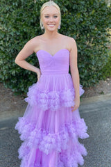 Lavender Prom Dress Ruffled Tulle Sweetheart Long Evening Dress