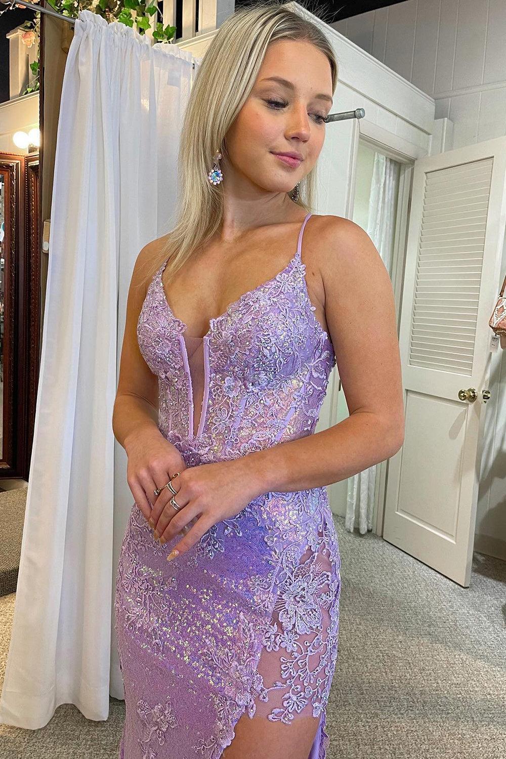Lavender Prom Dress Sequin Mermaid Evening Dress with Appliques