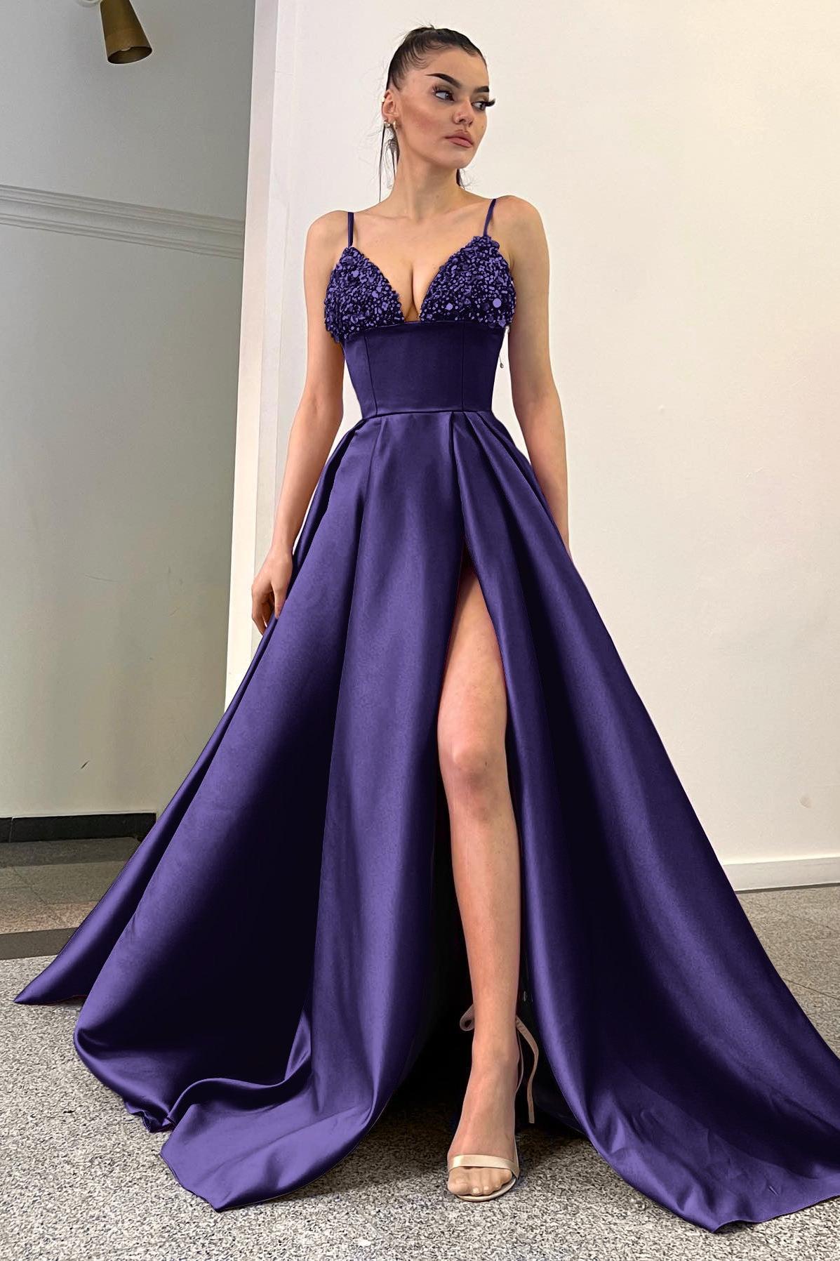 Lavender Spaghetti Straps Sequins A Line Evening Dress with Split