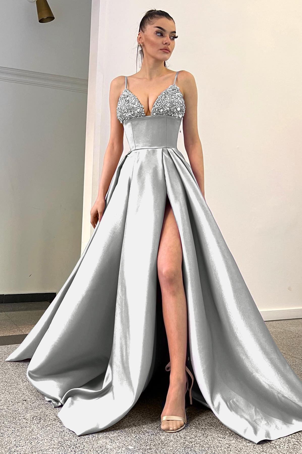Lavender Spaghetti Straps Sequins A Line Evening Dress with Split