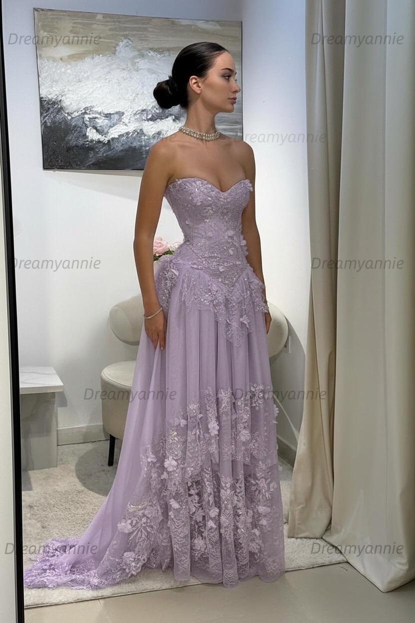 Yellow Lace A Line Prom Dress Sweetheart Lace Appliqued Formal Evening Dress with 3D Flowers