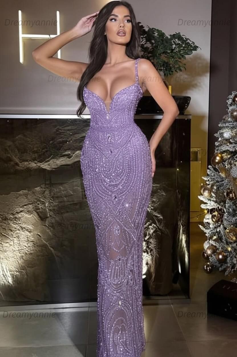 Silver Mermaid Prom Dress Sleeveless Spaghetti Straps Beaded Evening Dress
