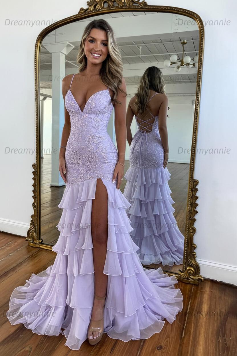 Charming Mermaid Spaghetti Straps Lace Up Long Prom Dress With Ruffle Skirt Formal Evening Gown