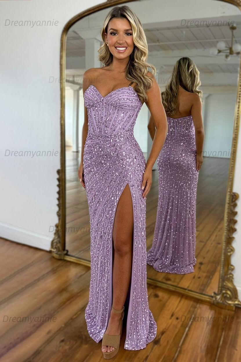 Sweetheart Mermaid Sequined Prom Dress With High Slit Skirt Evening Gown