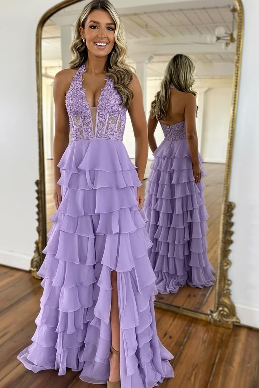 Dreamyannie Sky Blue Prom Dress Ruffled Halter Corset Evening Dress With Slit