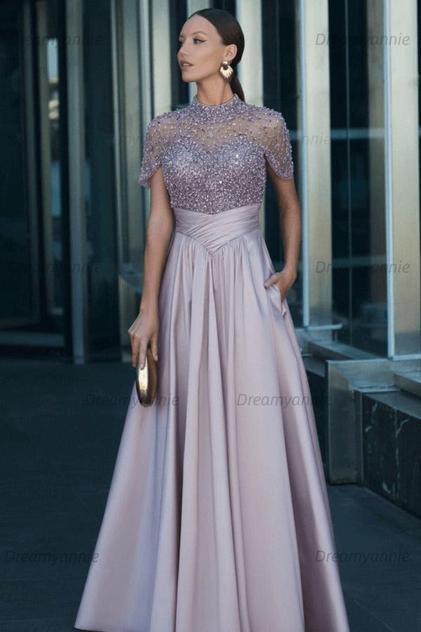 Green A Line Prom Dress Short Sleeve High Neck Beaded Evening Dress