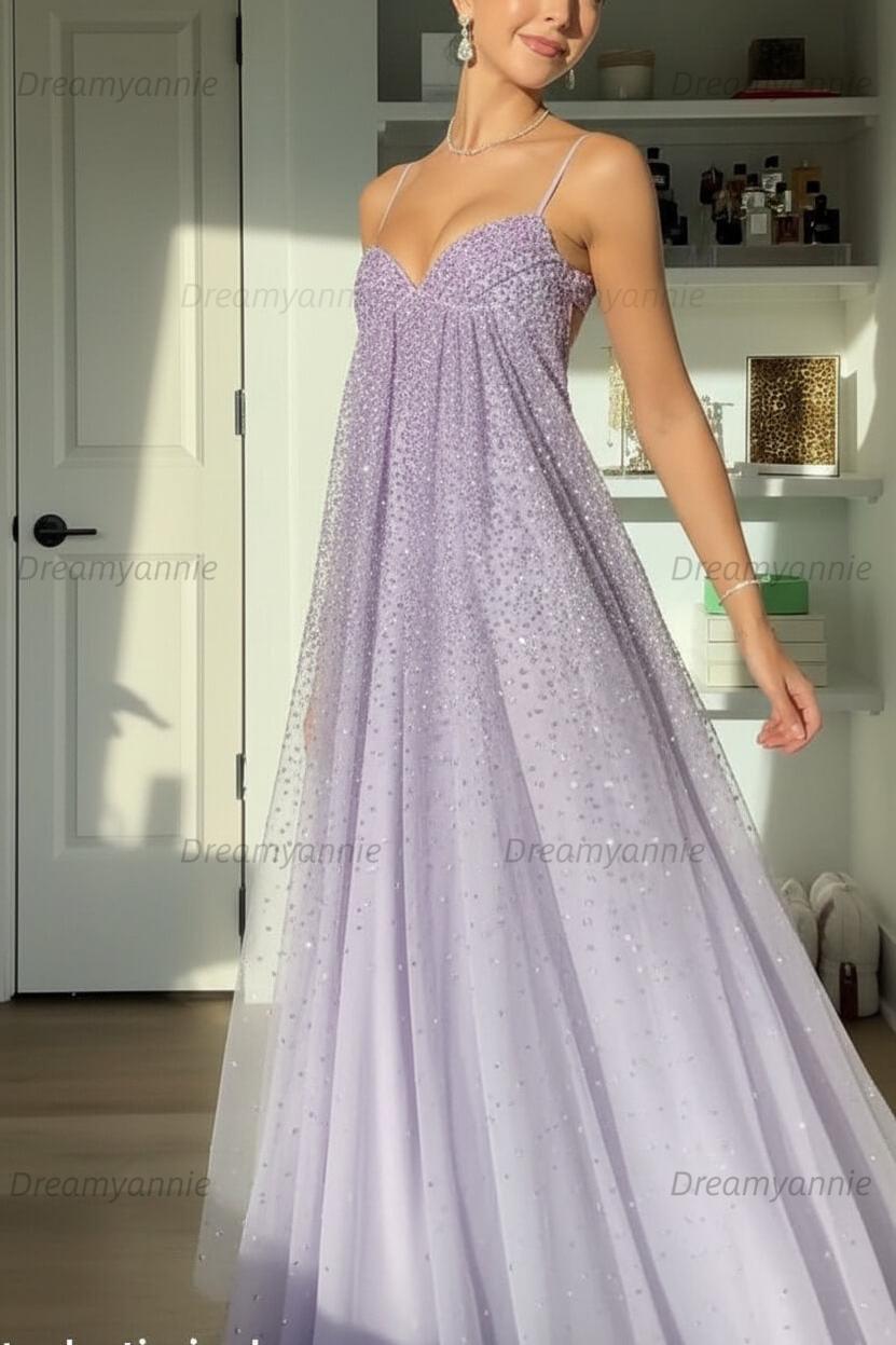 Bling A Line Spaghetti Straps Grey Blue Long Party Dress With Beading Formal Evening Gown