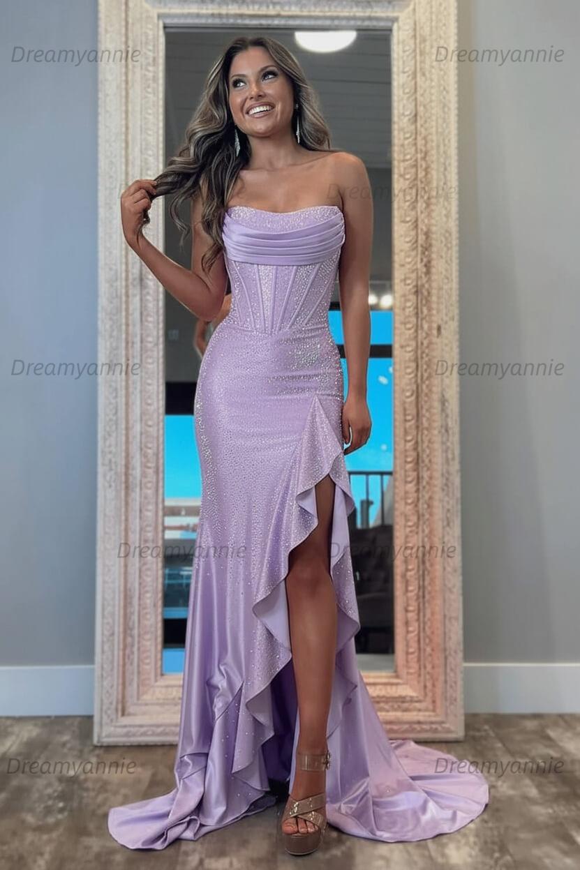 Hot Pink Beaded Prom Dress Strapless Corset Ruffled Evening Dress With Slit