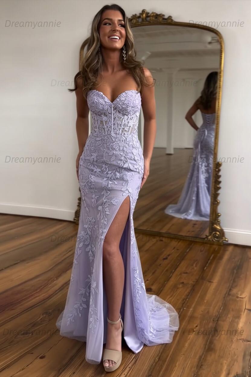 Light Blue Prom Dress Mermaid Sweetheart Corset Long Laced Evening Dress with Slit