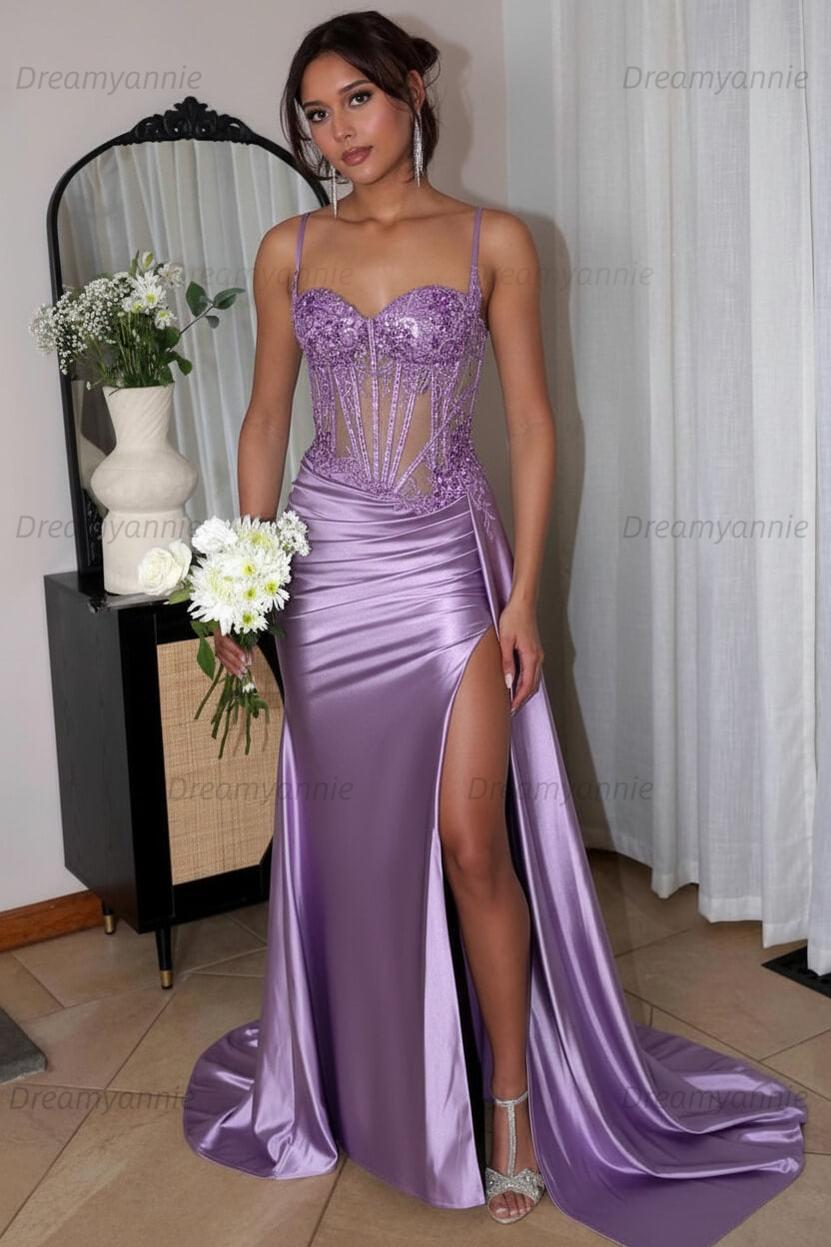 Corset Sequined Prom Dress Satin Appliqued Long Formal Dress With Slit