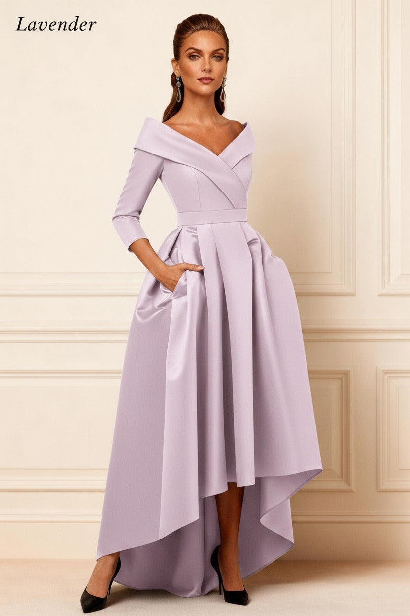 Dreamyannie Dark Navy V Neck Satin High Low Mother Of The Bride Dress With Pockets